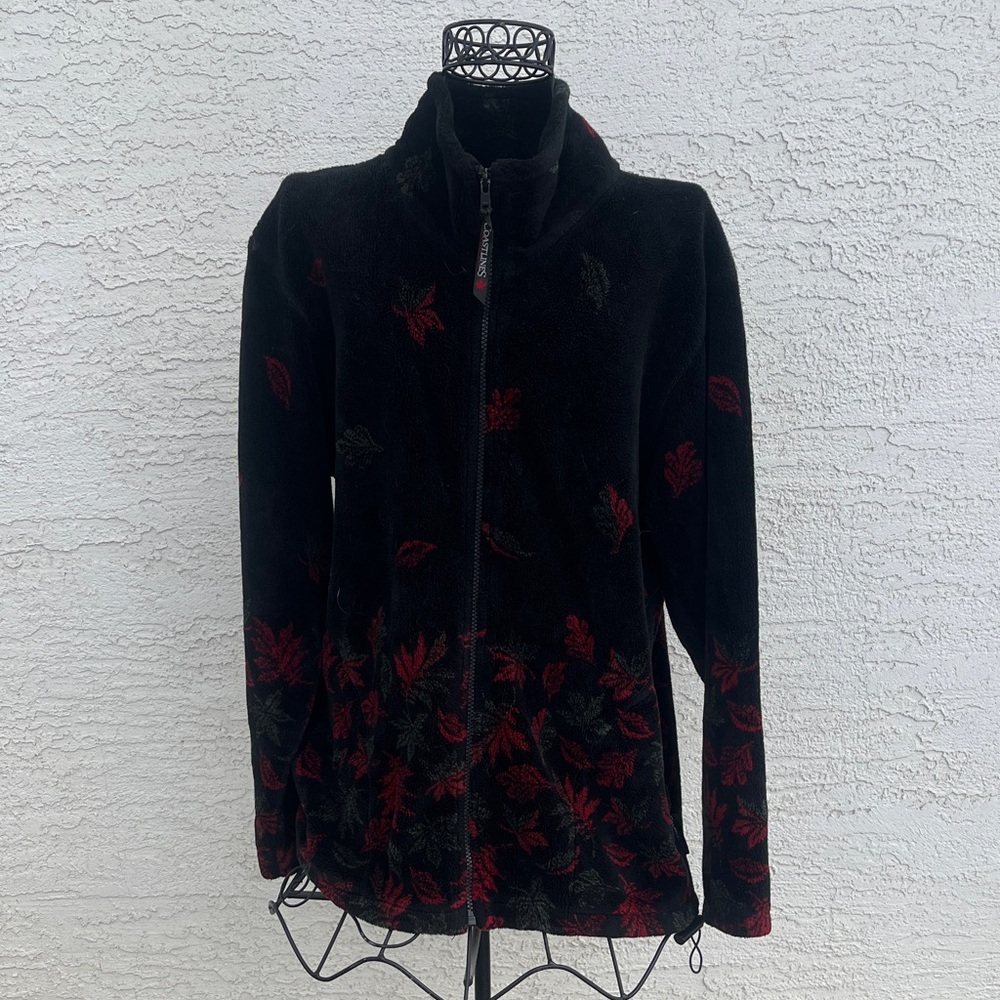 Vintage Coastlines Women's Black and Red Floral Zip Up Jacket Made in Canada